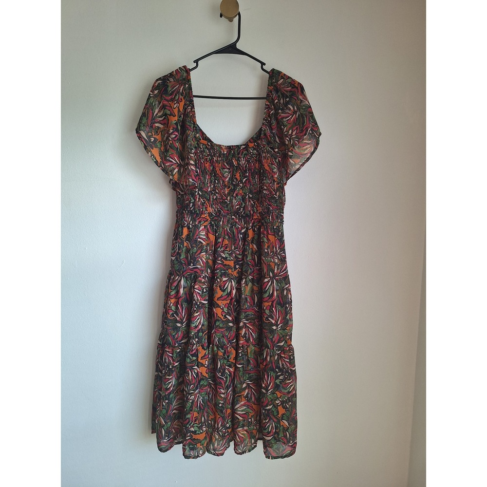 Marissa Olivia Womens Smocked Tiered Midi Dress Red Green Leaf Print size S - Picture 3 of 3
